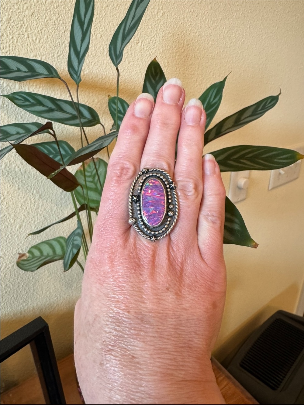 Blue and Blue Artisan Sterling Silver Pink Aura Opal Cosmos Star Statement Ring - Picture 9 of 16